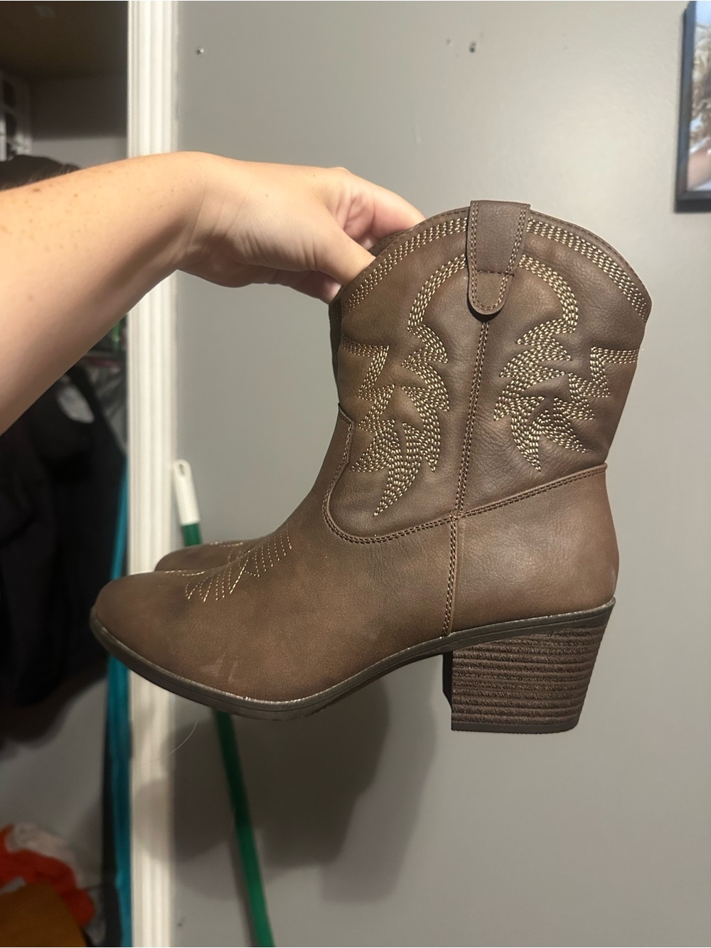 Global Win Brown Western-Inspired Ankle Booties with Block Heel